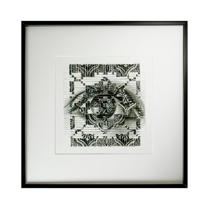 The artwork 'Window' by Kiana Honarmand features an intricate black and white composition created from hand-cut and woven giclee prints. The design showcases a central circular pattern with ornate geometric and floral motifs, surrounded by symmetrical decorative borders. The piece is displayed in a clean white mat and black frame, creating a striking monochromatic contrast.
