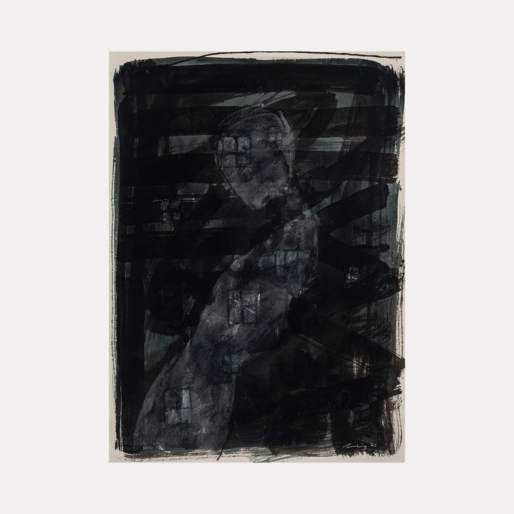 The artwork 'Windows' by AnkI King features abstract dark layers of black and gray brushstrokes creating a moody atmospheric composition. Bold diagonal strokes intersect across the mixed media paper, suggesting depth and movement through translucent shadows and textural elements, measuring 30 x 22 inches.