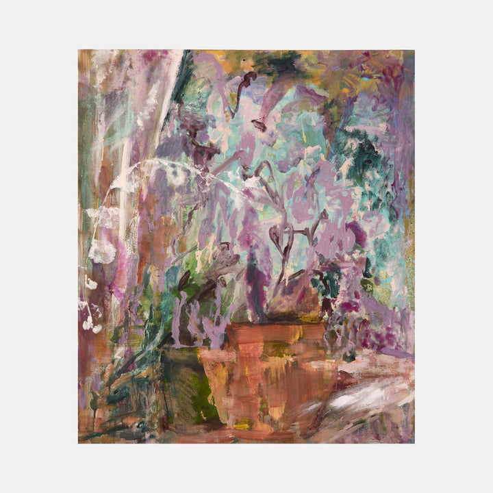 The artwork 'Windowsill' by Molly Herman features an abstract composition of a terra cotta planter with flowing botanical forms in ethereal pastels. Sweeping brushstrokes in lavender, mint green, and rose blend with earthy browns, creating a dreamy atmosphere. The expressive acrylic and oil painting on linen captures the organic movement of indoor plants against a luminous background.