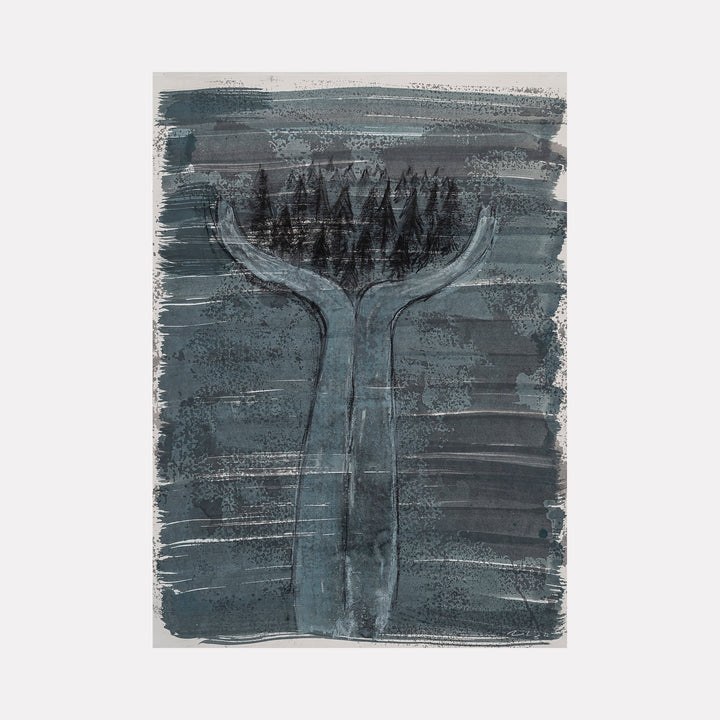 The artwork 'Worship' by AnkI King features a minimalist abstract composition in moody gray-blue tones. A central Y-shaped form resembling uplifted hands or a tree trunk rises from the bottom, crowned with dark clustered shapes suggesting a gathering or congregation. Mixed media technique creates textural brushstrokes and ethereal washes on paper.