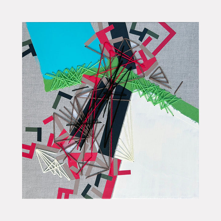 The artwork 'Wyyldda Axxion' by Philippe Halaburda features dynamic geometric shapes in vibrant turquoise, pink, and neon green against a gray background. Abstract angular forms intersect with linear patterns created using tape and yarn, creating a striking contemporary composition with bold contrasts and layered textures on canvas.