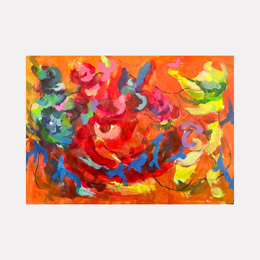 You are my world by Dionysia Adamopoulou: vibrant abstract floral painting with swirling red roses against orange background, bold acrylic brushstrokes