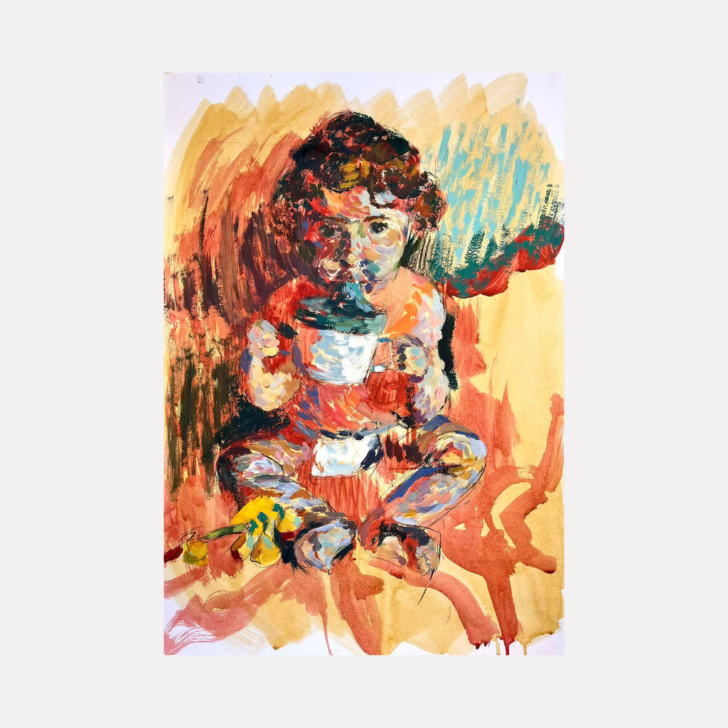 Artwork 'You drank something other than milk. Alone.' Abstract figure with cup in vibrant orange and blue brushstrokes by Dionysia Adamopoulou
