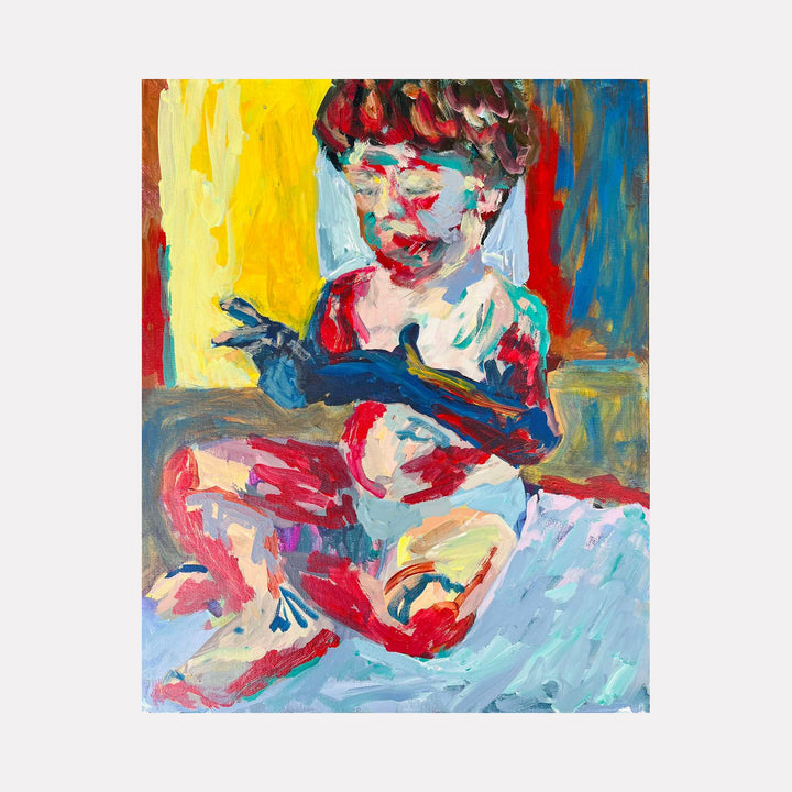 The artwork 'You painted your hands blue' by Dionysia Adamopoulou features expressive brushstrokes in vibrant yellow, red, and blue tones, depicting an abstract figure on a light blue surface
