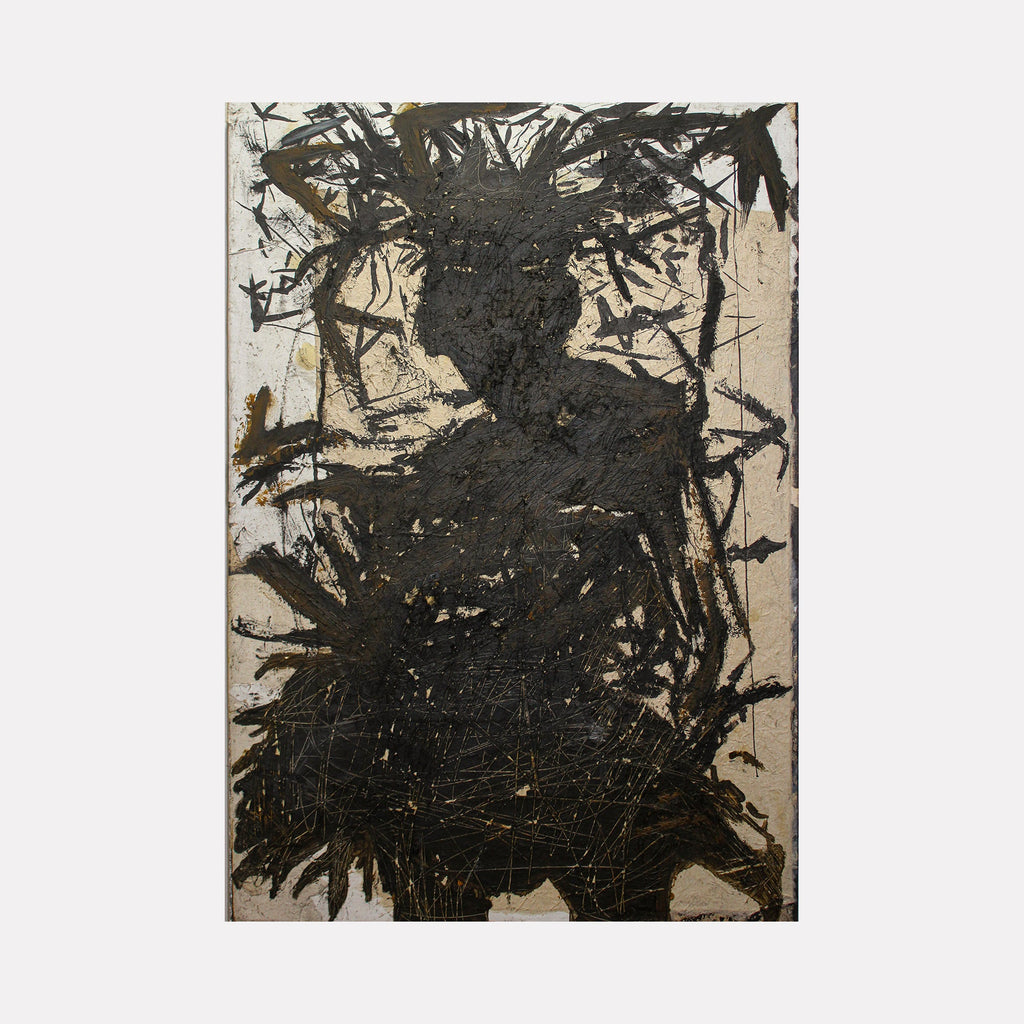 The artwork 'En Bas' by Brandon Gastinell features dramatic black abstract brushstrokes on handmade paper mounted to canvas, creating a dynamic silhouette against a light beige background. The piece showcases expressive, gestural marks with textural variations and scattered organic shapes, measuring 24x36 inches. Artwork by Brandon Gastinell.