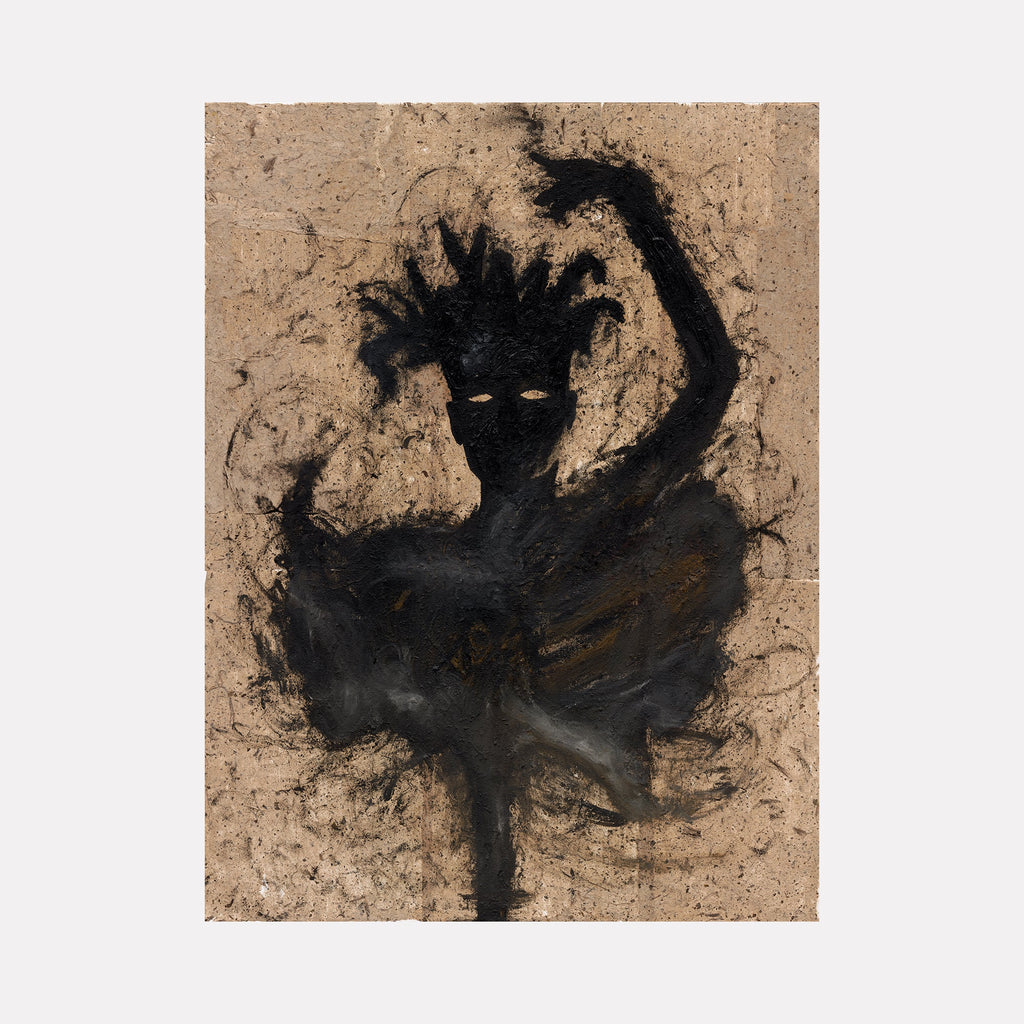 The artwork 'En Haut' by Brandon Gastinell features a dramatic silhouette rendered in bold black oil pigment against a textured tan Nepalese paper background. The ethereal figure appears to be in motion, with expressive brushstrokes creating a dynamic, abstract form that emerges from rough, textural marks on the handmade paper mounted on canvas.