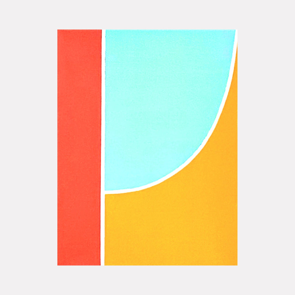 Peace Triptych III by Shyun Song: Abstract geometric oil painting featuring bold coral red stripe, turquoise curved form, and golden yellow blocks
