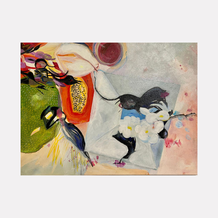 Out of the Box: Nature by Jane Dell presents an imaginative still life with vibrant tropical fruits, delicate white flowers, and two dark birds poised on a light geometric surface, blending bold organic shapes with soft pastel backgrounds to evoke a fresh, lively natural scene with a subtle sense of movement and harmony.