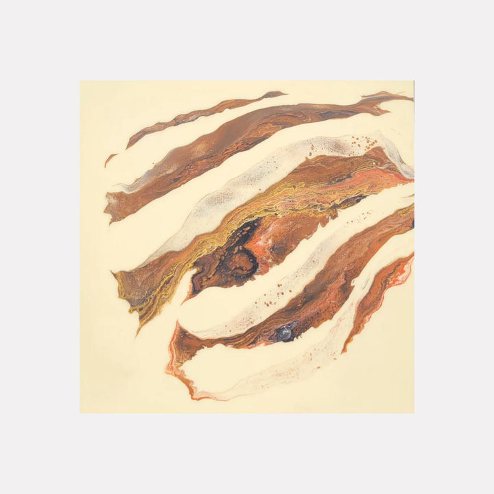 A Day at the Beach-Seawood by Swann Freslon evokes a flowing abstract seascape with layered waves of warm browns, sandy beiges, and hints of deep rust. The composition conveys natural textures and movement, capturing a tranquil coastal atmosphere through a harmonious blend of earthy tones and fluid shapes.
