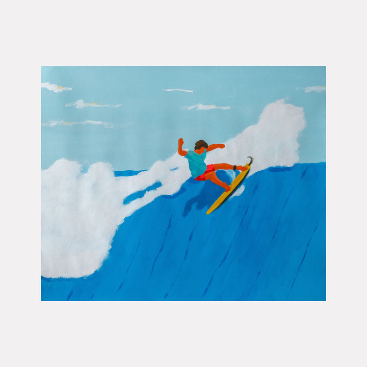 Agua Snaps by Alimo depicts a surfer in vibrant red shorts riding a bright yellow board atop a deep blue wave, surrounded by dynamic white spray, capturing energetic motion and coastal spirit in vivid, stylized art.