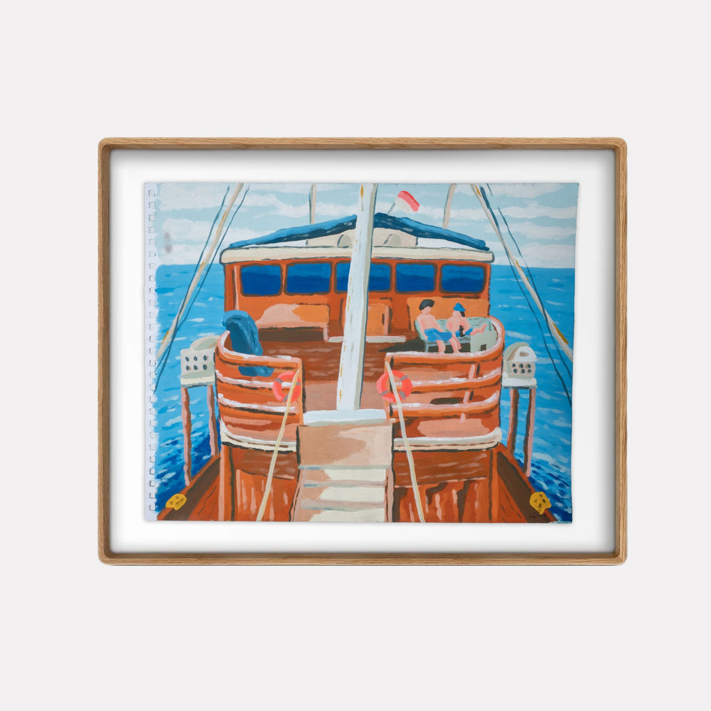 Beer Thirty by Alimo portrays a charming scene on a wooden boat deck with two figures seated by the cabin, surrounded by blue ocean waters and a soft sky, capturing a peaceful moment on the sea in a warm, inviting art style.