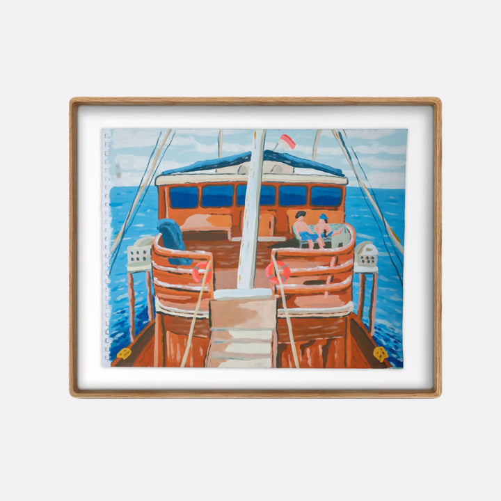 Beer Thirty by Alimo portrays a charming scene on a wooden boat deck with two figures seated by the cabin, surrounded by blue ocean waters and a soft sky, capturing a peaceful moment on the sea in a warm, inviting art style.