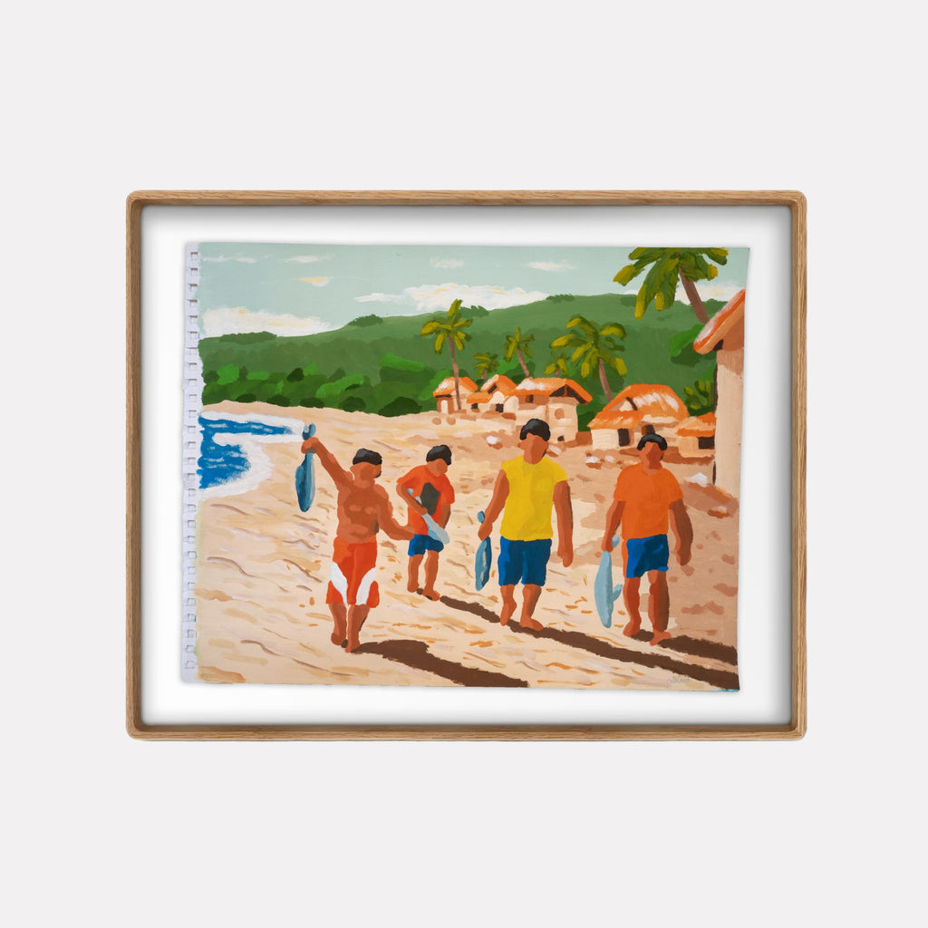 Catch of the Day by Alimo depicts four figures walking along a sunny beach carrying freshly caught fish, with palm trees and coastal huts set against lush green hills, rendered in a warm, simplified illustrative style capturing a relaxed, tropical fishing scene.