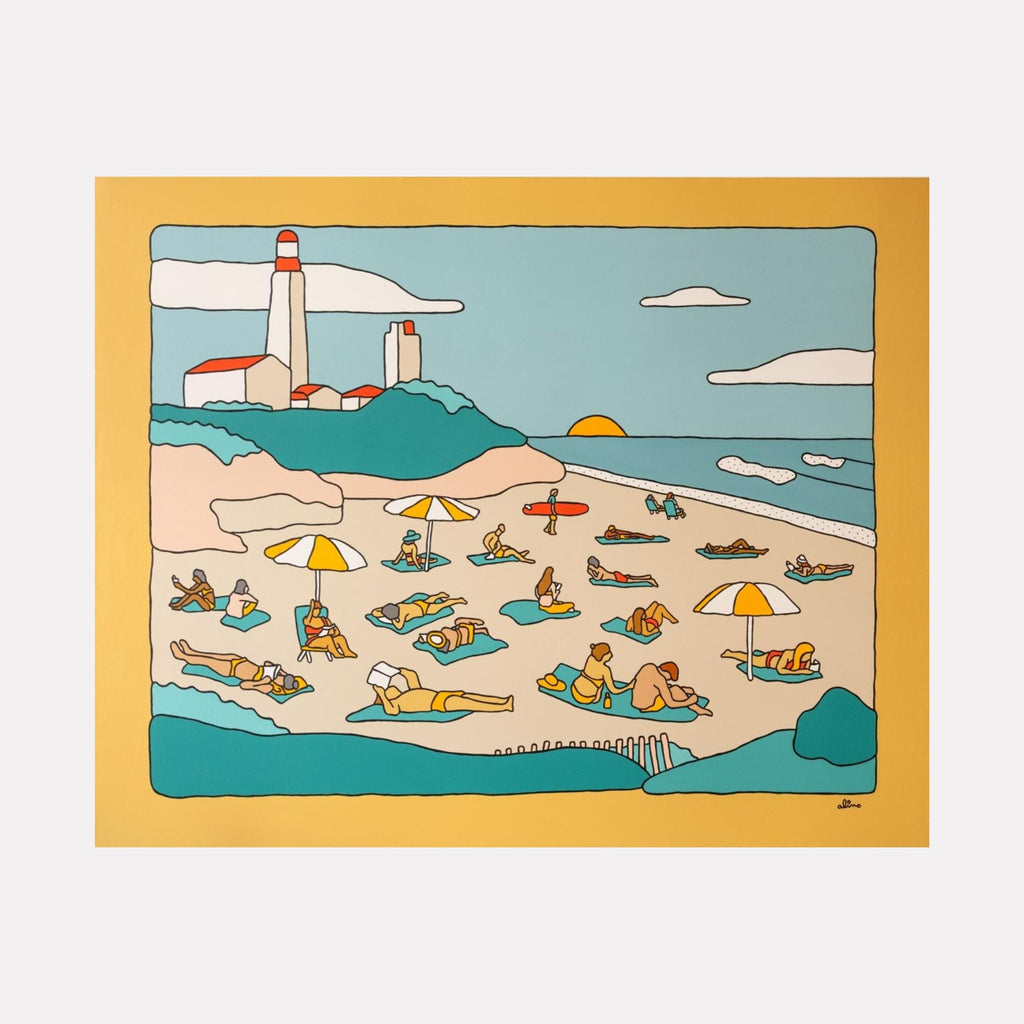Montauk by Alimo features a colorful beach scene with sunbathers, umbrellas, surfers, and a lighthouse at sunset in a playful, minimalist style, capturing relaxed coastal vibes and lively summer energy in vibrant, stylized art.