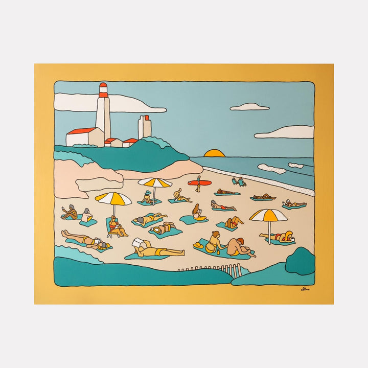 Montauk by Alimo features a colorful beach scene with sunbathers, umbrellas, surfers, and a lighthouse at sunset in a playful, minimalist style, capturing relaxed coastal vibes and lively summer energy in vibrant, stylized art.