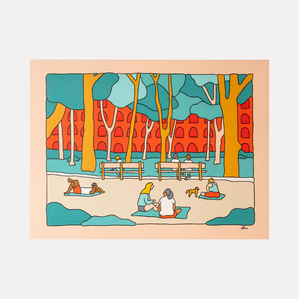NYC Vibes by Alimo depicts a vibrant urban park scene with simplified figures relaxing on benches and grass, framed by tall trees and a warm red brick building in the background, rendered in a bold, colorful, and playful illustrative art style.