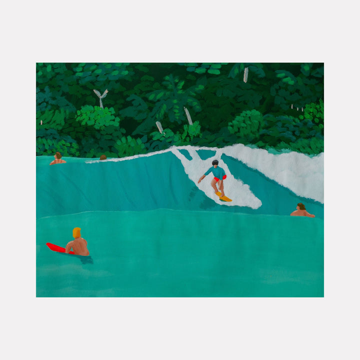 Pocket Pass by Alimo illustrates a surfer in red shorts riding a turquoise wave surrounded by swimmers, set against a backdrop of dense, leafy greenery, capturing a calm yet lively coastal scene with a minimalist, painterly style.