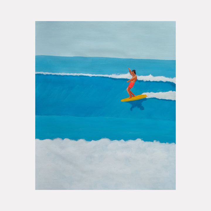 Smooth Glider by Alimo captures a lone surfer in bright red shorts riding a sleek yellow board across a layered blue wave, blending calm and motion in a minimalist coastal art piece that celebrates balance and flow within vibrant ocean hues.