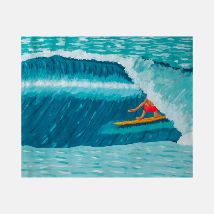 Tropic Shelter by Alimo depicts a surfer in bright red shorts riding inside a curling blue wave, conveying dynamic motion and vibrant ocean energy, rendered in a bold, stylized art style with rich turquoise and white tones.