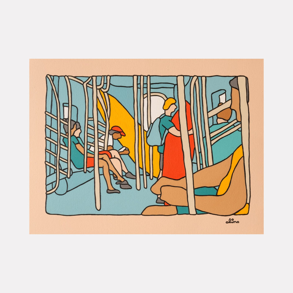 Tunnel Vision by Alimo illustrates a minimalist subway scene with stylized figures seated and standing among handrails in muted blues, oranges, and beige tones, capturing quiet urban moments in contemporary, clean-lined art.