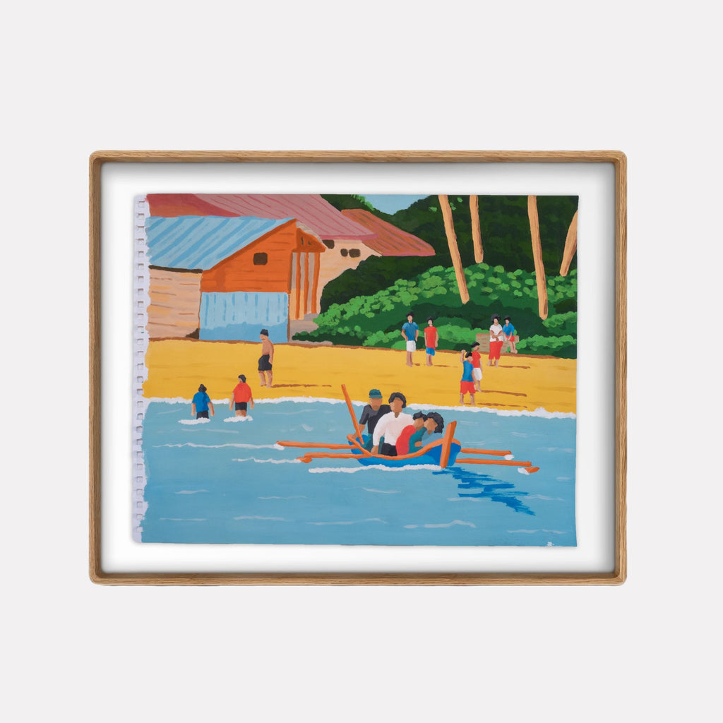 Welcome Home by Alimo depicts a vibrant coastal village scene with figures paddling a canoe in calm blue waters, set against warm sandy shores and rustic buildings, rendered in a lively, stylized art style that brings cheerful, nostalgic energy to any space.