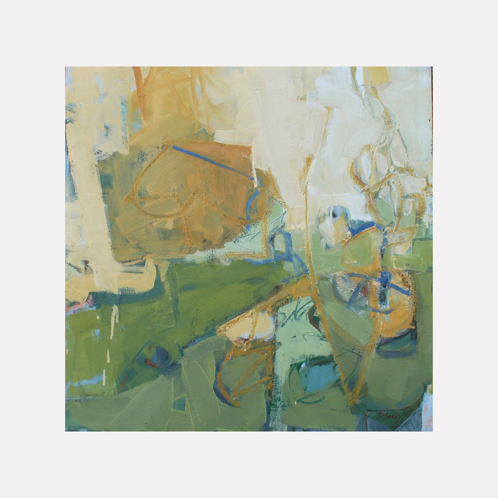 Arrant Folly by Penny Santy showcases a soft abstract landscape in muted greens, beige, and blue tones, blending fluid shapes and delicate lines that evoke a serene, organic atmosphere in this contemporary art piece.