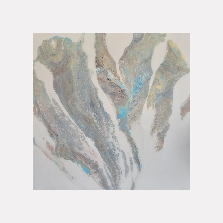 Avalanche by Swann Freslon features fluid, layered forms in muted grays and soft blues with hints of warm beige, creating an abstract impression of cascading natural elements. The composition conveys subtle motion and depth through gentle texture contrasts, evoking a serene yet dynamic landscape-inspired scene.