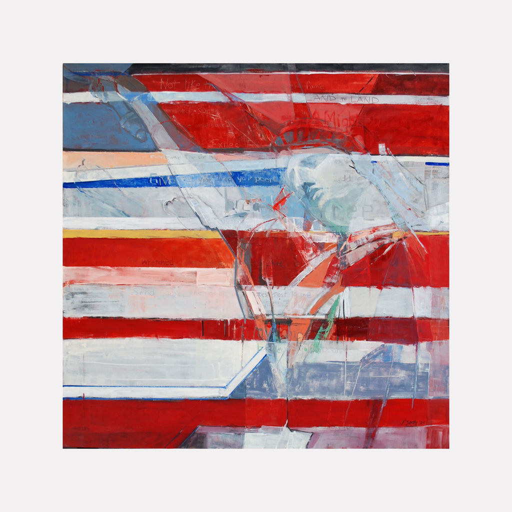 Breathe Free by Penny Santy depicts an abstract figure in motion against a backdrop of vivid horizontal red, white, and blue stripes, blending dynamic shapes and layered textures to evoke a sense of liberation and movement in contemporary art.