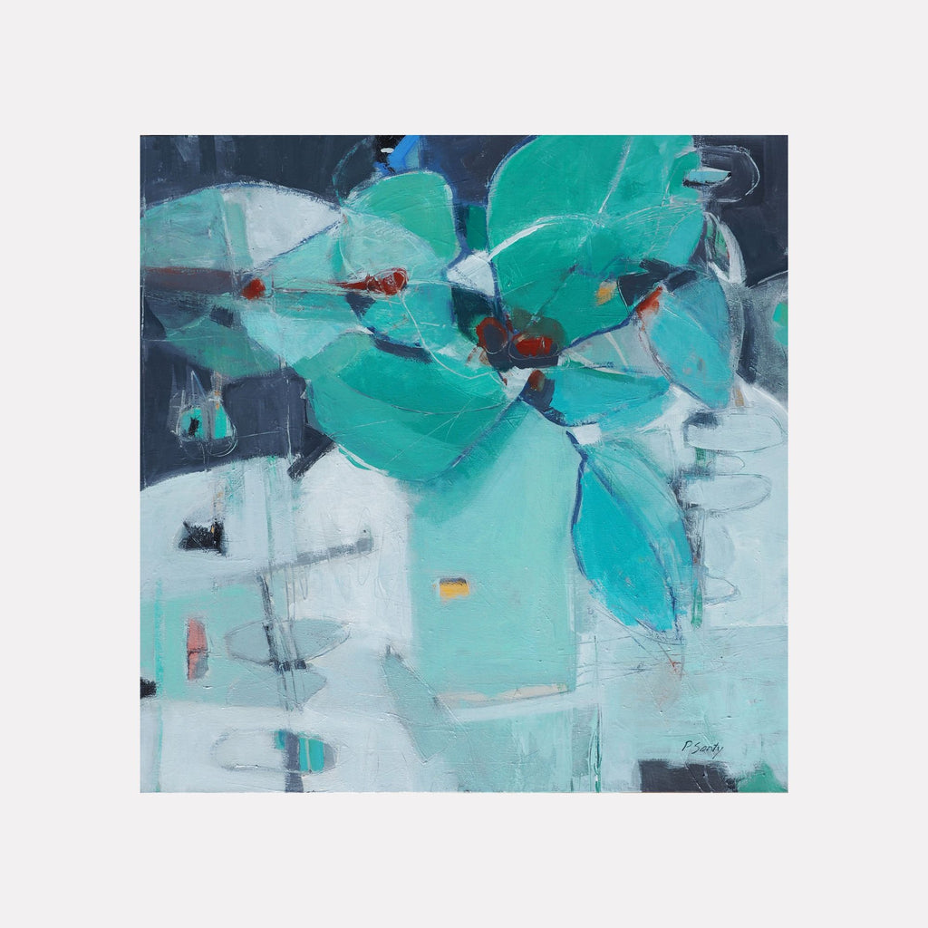Cascade by Penny Santy captures an abstract arrangement of bold teal and turquoise forms layered over a muted background, blending soft shapes and subtle textures to evoke a serene and harmonious contemporary art piece.