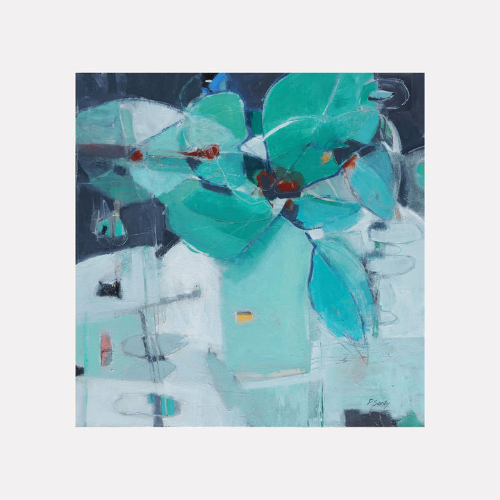 Cascade by Penny Santy captures an abstract arrangement of bold teal and turquoise forms layered over a muted background, blending soft shapes and subtle textures to evoke a serene and harmonious contemporary art piece.