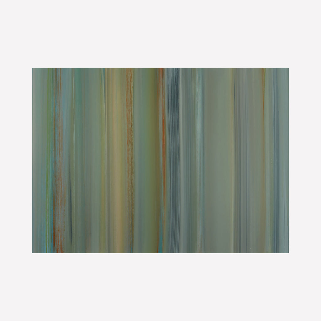 The artwork 'Clockwork for Oracles 14' by Willy Bo Richardson features vertical striations in muted sage green, soft beige, and silvery blue tones. The oil on paper painting creates a rhythmic pattern of gentle color transitions, reminiscent of natural sedimentary layers or abstract curtains of light.