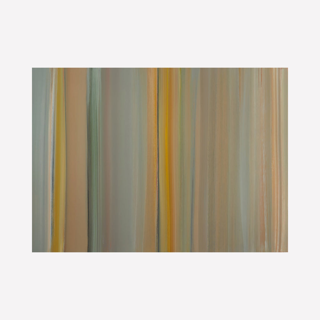 The artwork 'Clockwork for Oracles 15' by Willy Bo Richardson features vertical striations in muted earth tones and pastels. Smooth brushstrokes create gentle transitions between sage green, warm beige, and soft yellow bands, flowing in a rhythmic pattern across the oil on paper composition, evoking a sense of natural movement and meditation.