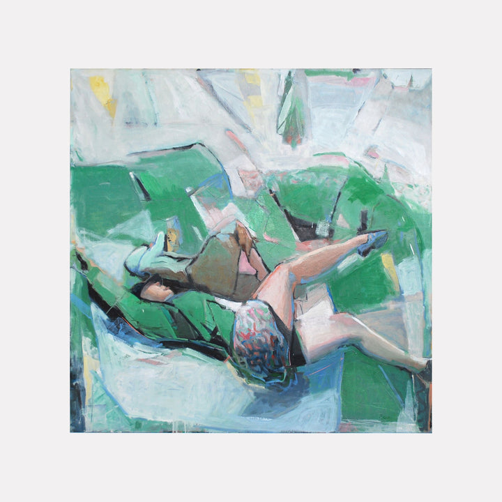 Conquerors by Penny Santy captures an abstract scene with layered brushstrokes in soft greens, blues, and flesh tones, depicting a reclining figure entwined with dynamic geometric shapes, evoking a contemplative and fluid energy in contemporary art.