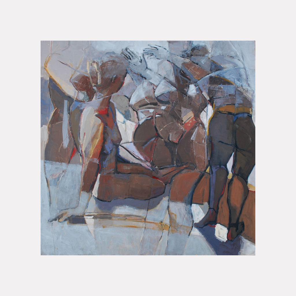 Earth Mothers by Penny Santy depicts abstracted human forms in earthy tones of brown, gray, and blue with dynamic layering and flowing lines, creating an expressive and contemplative atmosphere in this evocative contemporary art piece.