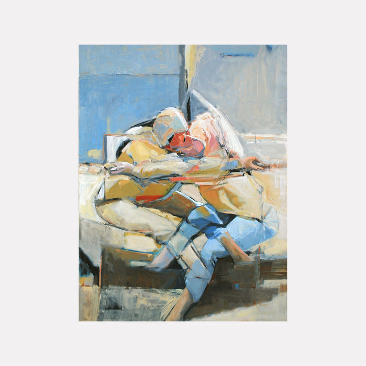 Equilibrium by Penny Santy portrays two abstract figures intertwined in soft earthy tones and blues, blending geometric shapes and overlapping forms to evoke a tender, contemplative moment in contemporary art.