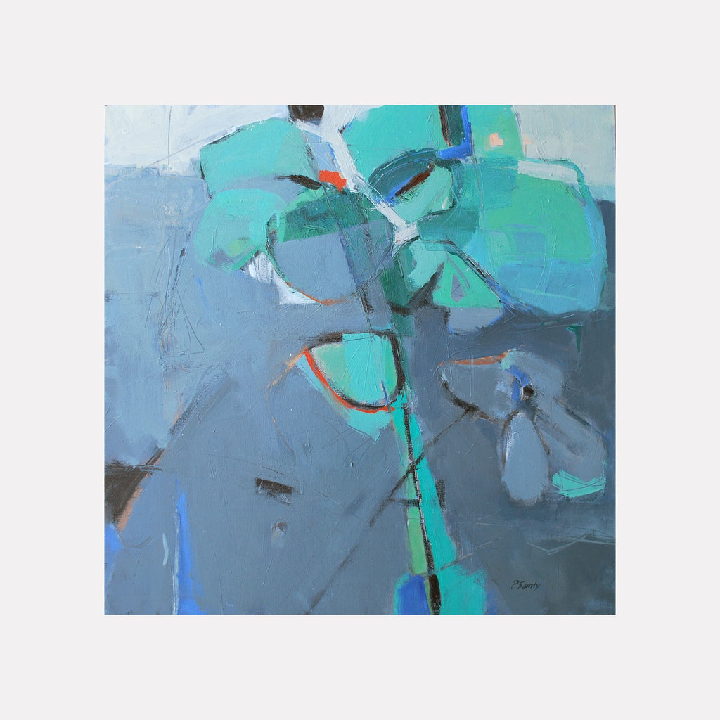 Fault Line by Penny Santy presents an abstract composition dominated by cool blues and greens, featuring layered shapes and textured brushstrokes that evoke a serene yet dynamic atmosphere in this contemporary art piece.
