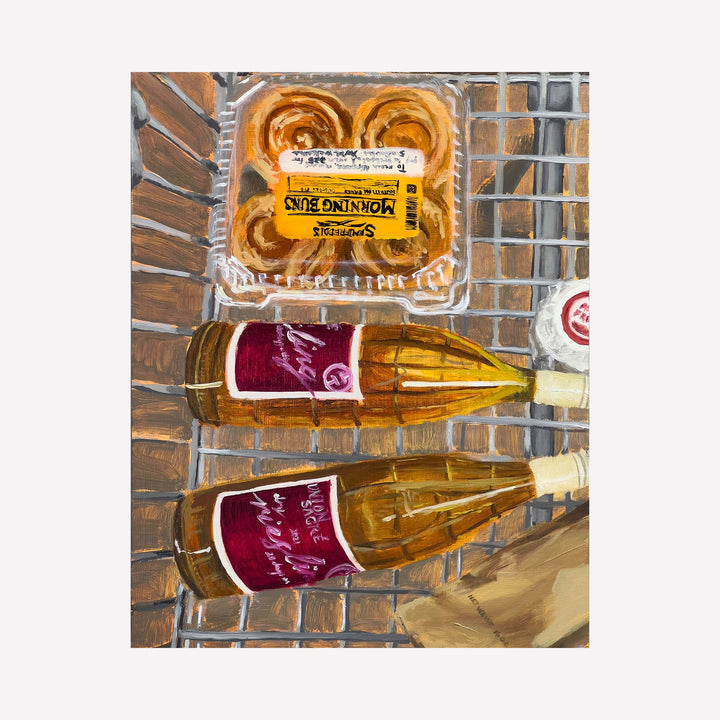 The artwork 'feb 17th 2023 4:22pm' by Jillian Shea depicts a still life arrangement featuring two amber-colored wine bottles with burgundy labels alongside a clear plastic container of golden pastries or cinnamon rolls. The objects rest on a reflective metallic or glass surface, painted in oil on wood panel with rich warm tones and detailed textures. By Jillian Shea.