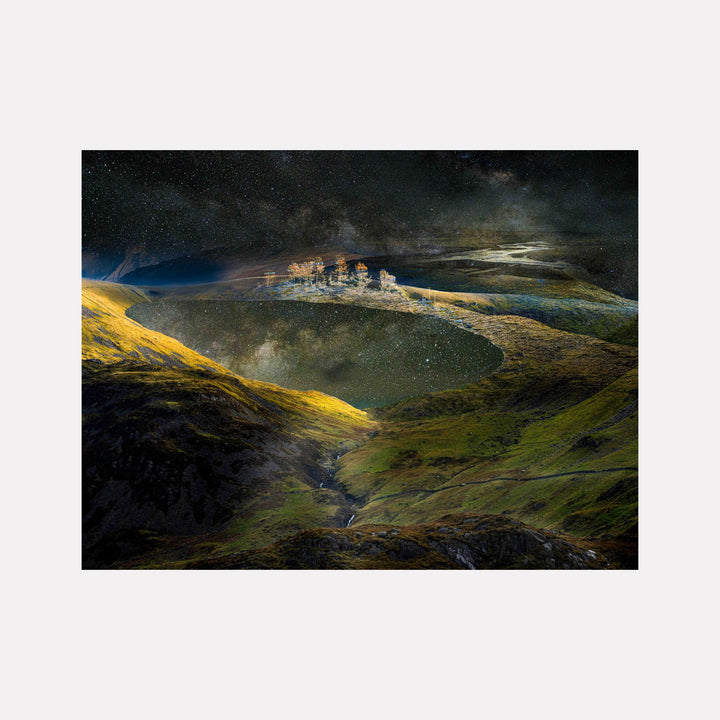 Stand #8 by Gordon Saperia presents a surreal landscape with softly glowing hills and a reflective body of water, under a dramatic sky filled with stars, blending dreamlike natural beauty and a tranquil, ethereal mood in this Curina art piece.