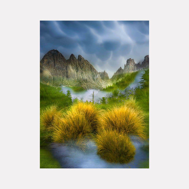Stand #9 by Gordon Saperia reveals a dreamlike mountain scene with jagged peaks above a misty forest, featuring vibrant golden grasses in the foreground and a glowing, softly clouded sky, blending vivid natural elements and surreal atmosphere in this Curina art piece.