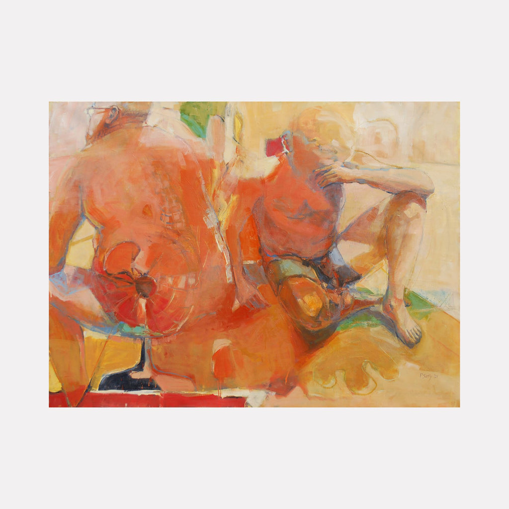Heated by Penny Santy presents two loosely defined figures in warm reds and oranges, layered with abstract shapes and soft textures, evoking a sense of tension and movement in a contemporary art style.