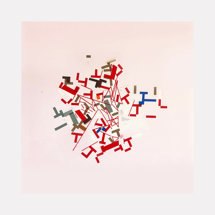 The artwork 'liiruonnil' by Philippe Halaburda features an abstract geometric composition with scattered rectangular shapes in red, gray, and blue tones against a soft pink background. The angular forms create a dynamic burst pattern radiating from the center, suggesting movement and fragmentation. Mixed media on 36x36 inch canvas, combining structured elements with artistic spontaneity.