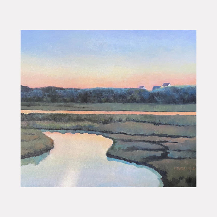 Marsh Light by Kristin Stashenko depicts a tranquil coastal marsh at dusk, with soft pastel skies blending into calm waters and muted earth tones. The gentle curves of the winding creek lead the eye toward distant trees and silhouetted structures, conveying a peaceful, reflective atmosphere in a serene natural landscape.