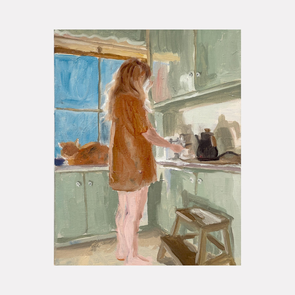 The artwork 'Morning Coffee Study' by Jillian Shea depicts a serene kitchen scene in oil on canvas. A figure in a cozy brown sweater stands at mint-green cabinets, reaching for items near a black coffee pot. Early morning light streams through a blue-framed window, while soft brushstrokes create a dreamy, impressionistic atmosphere in this 14x11 inch painting.
