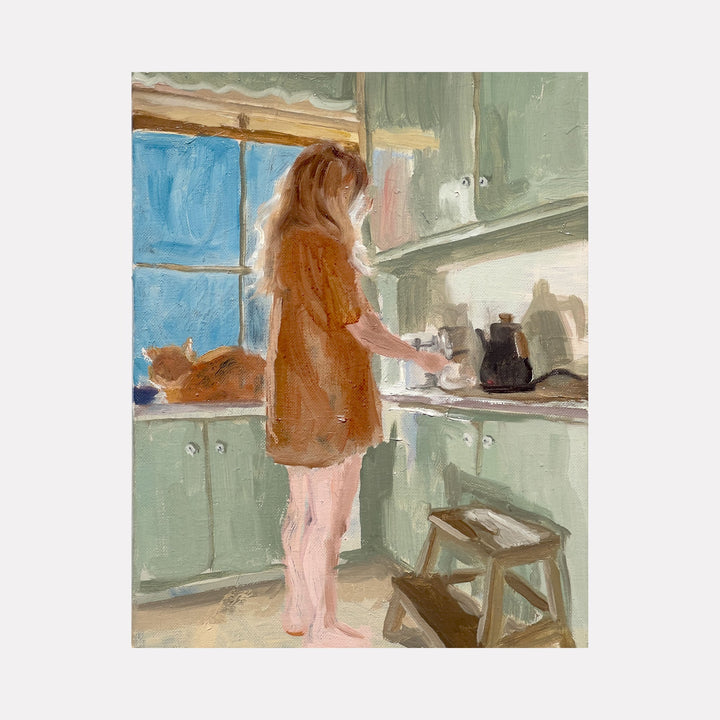 The artwork 'Morning Coffee Study' by Jillian Shea depicts a serene kitchen scene in oil on canvas. A figure in a cozy brown sweater stands at mint-green cabinets, reaching for items near a black coffee pot. Early morning light streams through a blue-framed window, while soft brushstrokes create a dreamy, impressionistic atmosphere in this 14x11 inch painting.