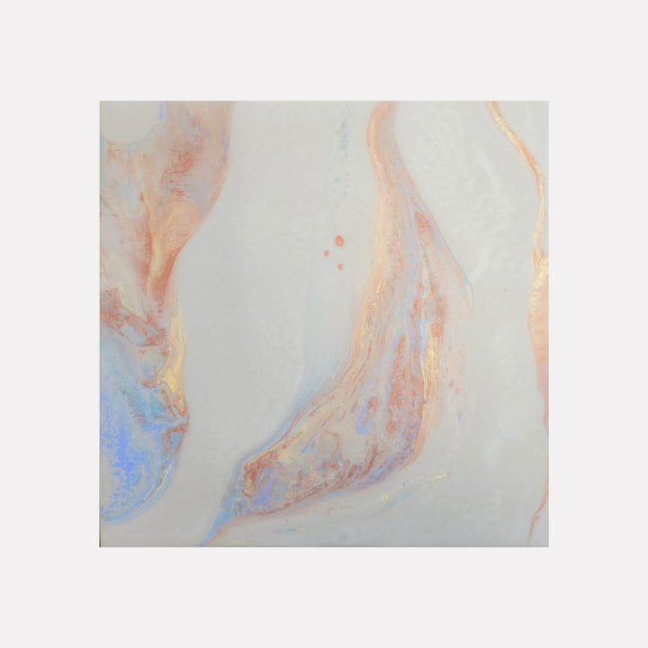 Mystical Sunset by Swann Freslon presents a delicate interplay of soft pastel hues with shimmering gold accents flowing across a light, ethereal background. The composition evokes a sense of calm and gentle movement, reminiscent of a serene, glowing horizon at dusk captured in an abstract, refined style.