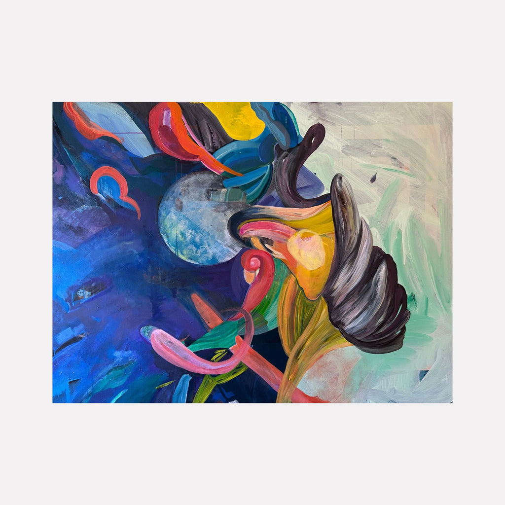 One Moon by Jane Dell depicts an abstract scene where vibrant swirling shapes and bold brushstrokes merge around a luminous moon-like orb set against a deep blue and soft pastel background, creating a dynamic composition that conveys movement and cosmic energy in a contemporary style.