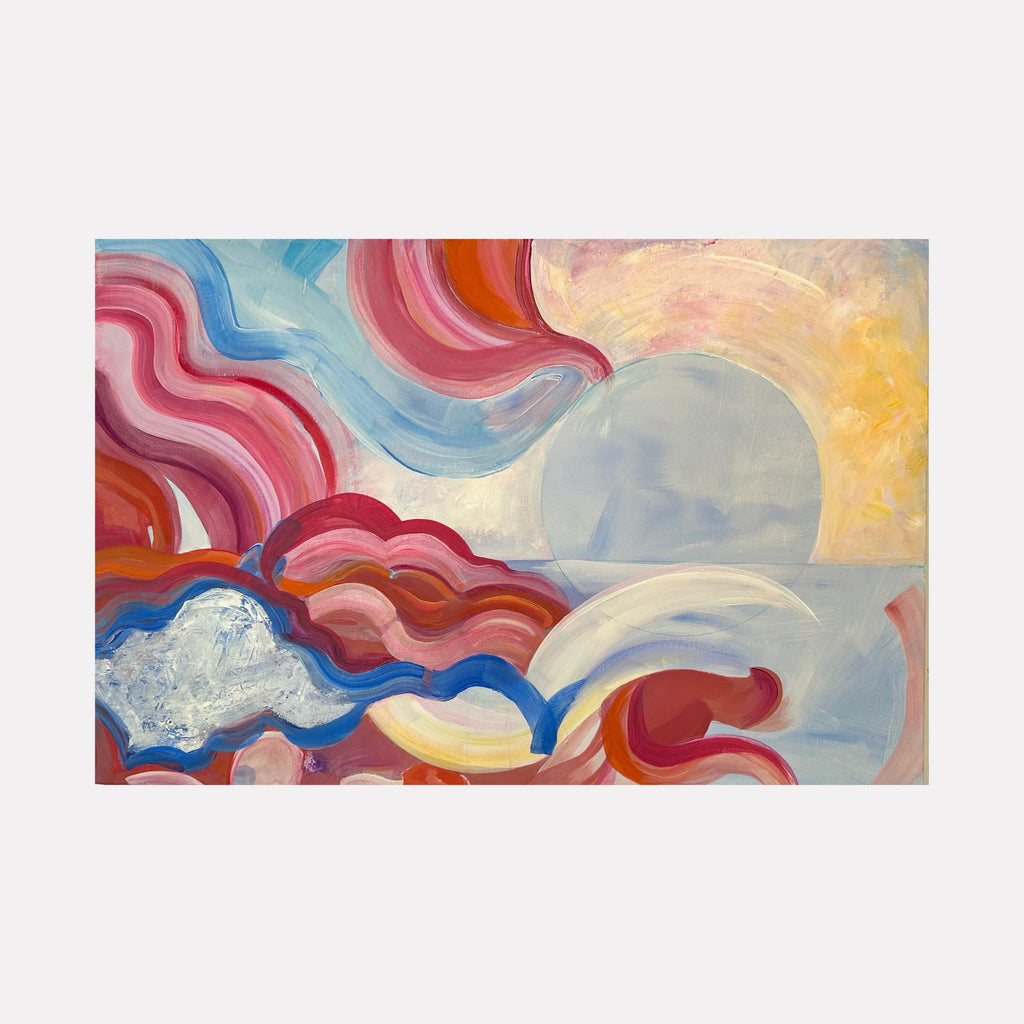 Out of the Box: Beginning by Jane Dell features a vibrant abstract composition with flowing, curved bands in shades of red, blue, and pink surrounding soft, glowing circular forms. The interplay of warm and cool colors suggests movement and the dawning of a new day with an energetic yet harmonious mood.