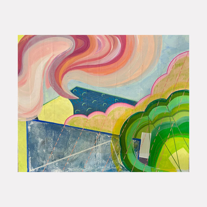 Out of the Box: Escape by Jane Dell presents an abstract landscape where swirling pink and orange forms rise above layered geometric shapes in blue, green, and soft yellow hues. The composition evokes a sense of movement and transformation through its harmonious blend of organic curves and structured planes.
