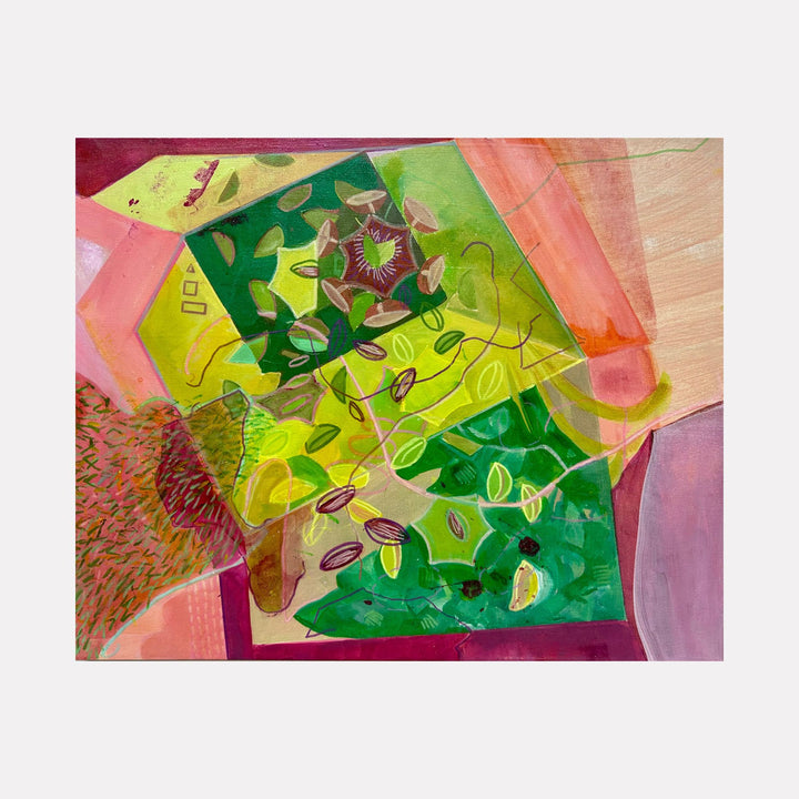 Out of the Green Box by Jane Dell features a layered abstract design with vibrant shades of green, yellow, and hints of pink and orange. Organic leaf shapes and flowing lines intertwine with geometric forms, creating a vivid, dynamic composition that conveys natural growth and energetic movement.