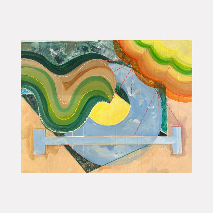 Out of the Box: Rainbow by Jane Dell features an abstract interplay of layered curved shapes in green, yellow, and orange beside geometric forms in soft blue and beige. The composition suggests a harmonious balance between organic flow and structured elements with subtle stitched details linking the colorful segments.